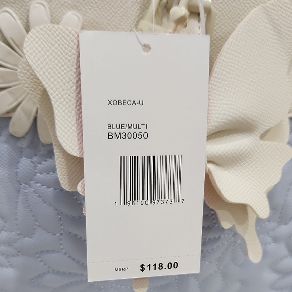 🔹️Betsey Johnson 🔹XOBECA-U Blue Floral Top Handle Handbag Butterfly Charm Tote - Picture 2 of 10